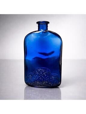 Vidrios de Levante Spain 1990s Cobalt Blue Embossed Floral Glass Bottle, 7”